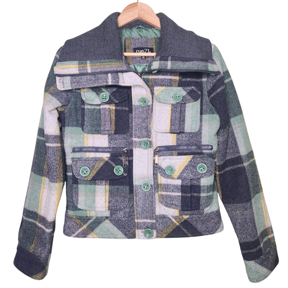 Y2K Plaid Wool Blend Crop Pea Coat Medium Rue 21 Rib Knit Preppy Bella Swan